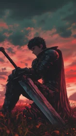 Brooding armored swordsman under bloodred dusk sky.