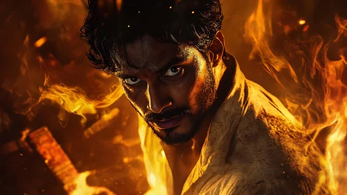 Firelit rebel locks eyes with the camera and owns the blaze