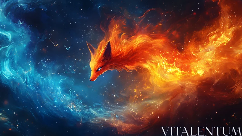 Celestial fire fox weaving through blue and amber nebulae.