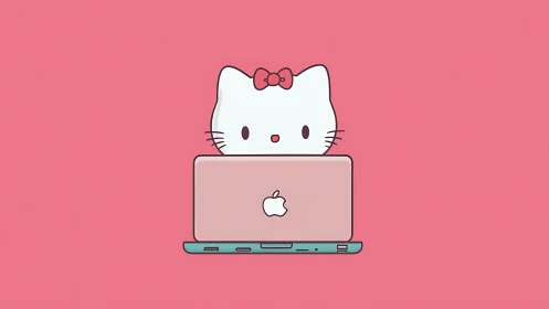 Cartoon white cat with bow using pink laptop on pink background.