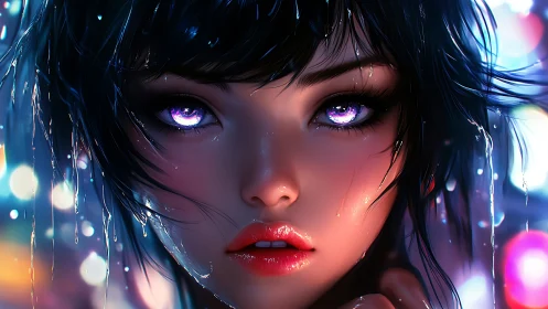 Wet-haired woman with glowing violet eyes faces viewer