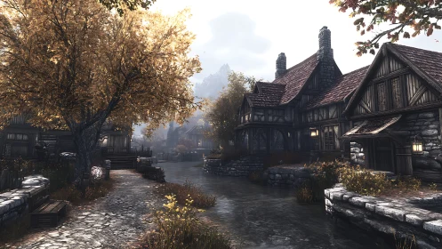 Autumnal medieval riverside village with half-timbered houses