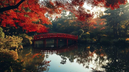 Crimson bridge hums quietly beneath autumn’s lantern leaves