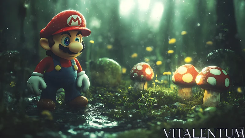 Mario explores a misty forest of glowing red mushrooms.