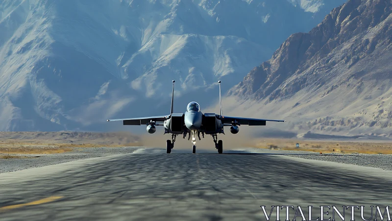 Military jet taxiing on runway before mountain backdrop.