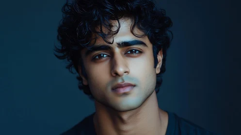 Quiet blue-toned portrait of a thoughtful curly-haired man.
