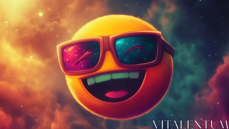 Laughing neon emoji floats through dreamy cosmic clouds