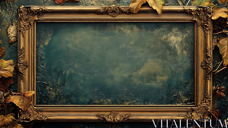 Ornate empty gold frame surrounds moody teal textured ground