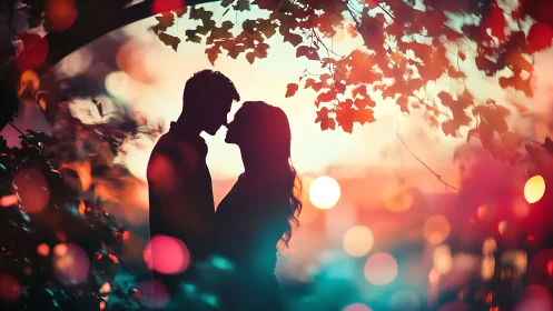 Silhouetted couple beneath autumn leaves at sunset.