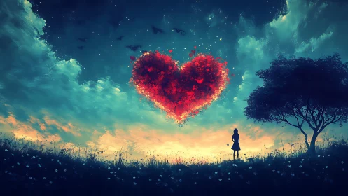 Luminous Heart: Romantic Digital Fantasy Under Aurora Sky.