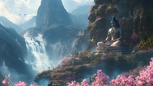 Mountain god statue overlooks misty waterfall valley