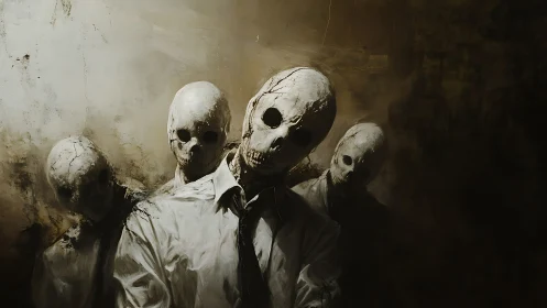 Cracked skull-faced figures loom in a bleak corporate void