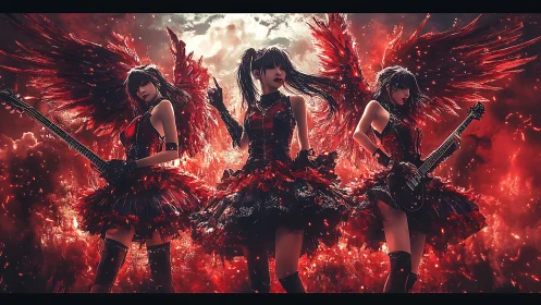 Triad of winged rock performers in red-black infernal stage light