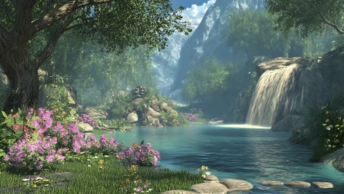 Digital rendering of forest waterfall with mountain backdrop.