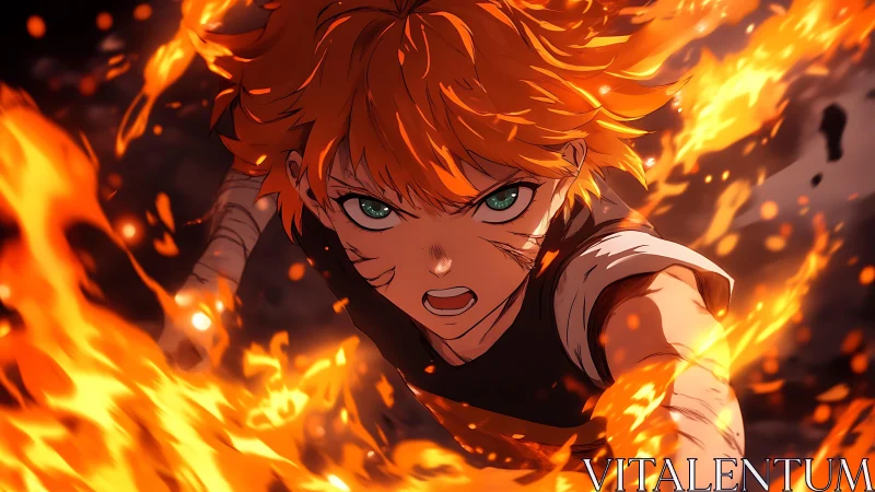 Fiery anime warrior lunges forward through swirling flames