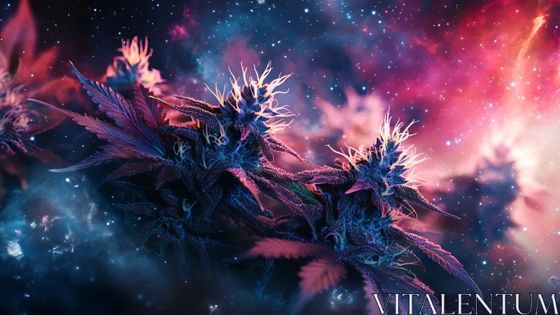 Nebula-tinted cannabis inflorescences rendered with spectral chromatic contrast