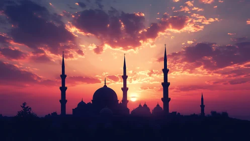 Mosque silhouette cuts vivid magenta orange sunset sky.