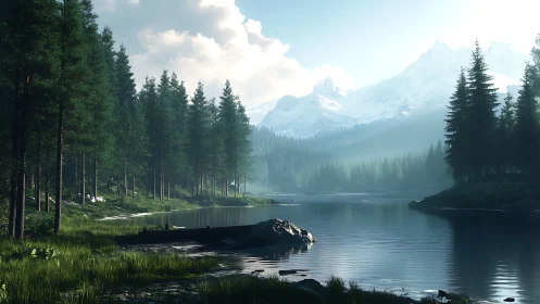 Serene alpine lake beneath misty snow-capped peaks at dawn.
