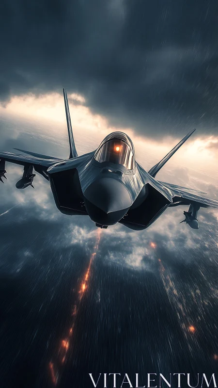 Stealth fighter jet advances through storm clouds under cinematic lighting