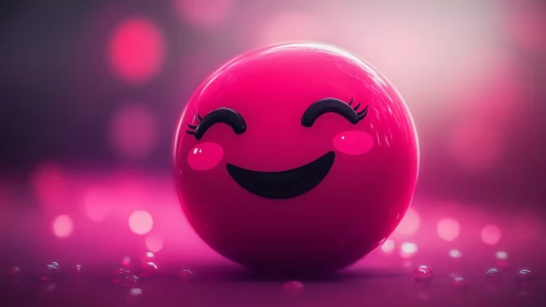 Glossy pink smiley sphere glows in dreamy neon light