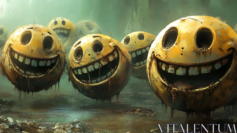 Digital painting of decayed smiley spheres in toxic marshland.