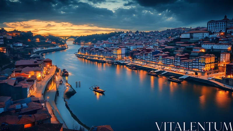 Riverside European city glows under dramatic twilight sky