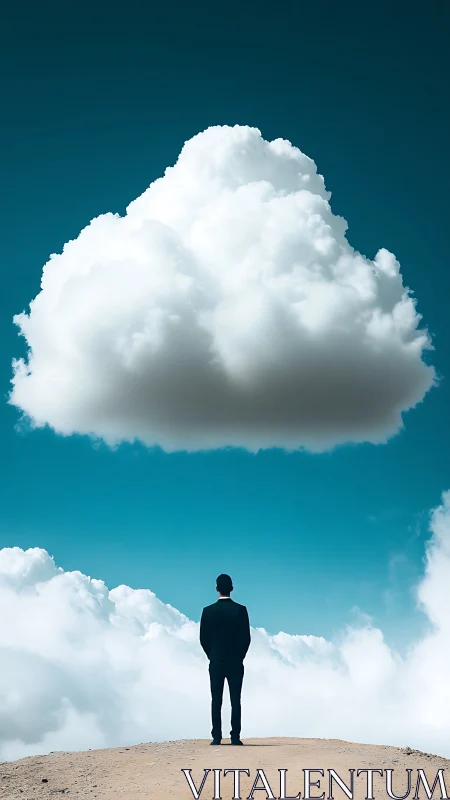 Quiet dreamer stands beneath a drifting sky cloud.