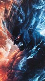 Fiery blue humanoid warrior snarls amid split elemental storm