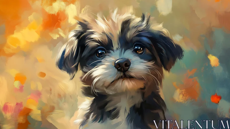 Puppy portrait captures soft fur against warm abstract bokeh