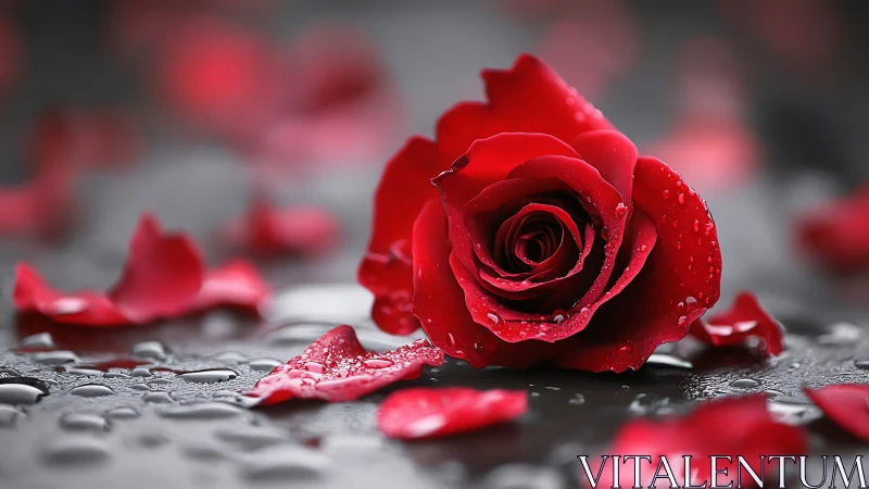 Elegant Red Rose Glistening with Raindrops on Dark Stone
