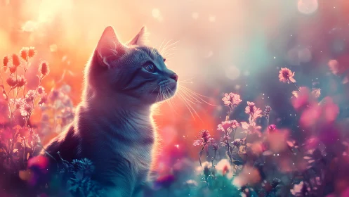 Cat Gazing Through Glowing Flower Fields at Sunset