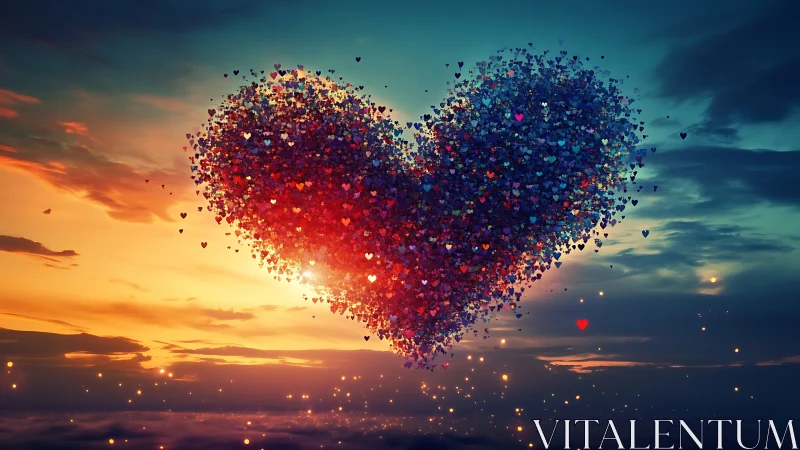 Heart-shaped particle cloud against sunset and twilight gradient