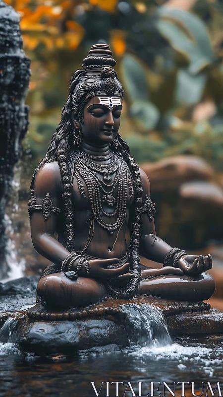 Serene bronze Hindu deity statue in meditation by water.