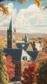 Historic clock tower over campus framed by autumn trees.