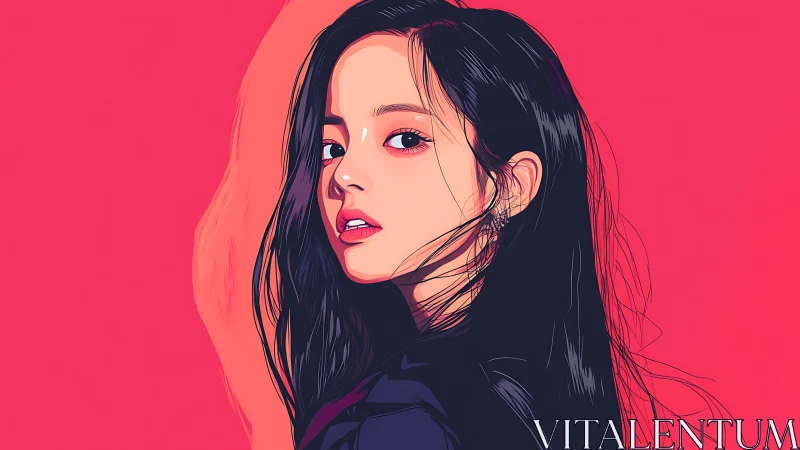 Bold digital portrait of young woman on vivid pink wall