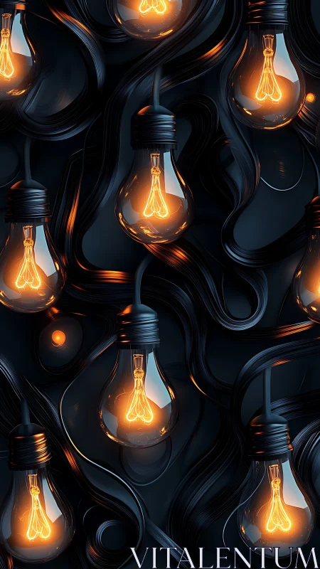 Illuminated glass bulbs against dark intertwined cables pattern.
