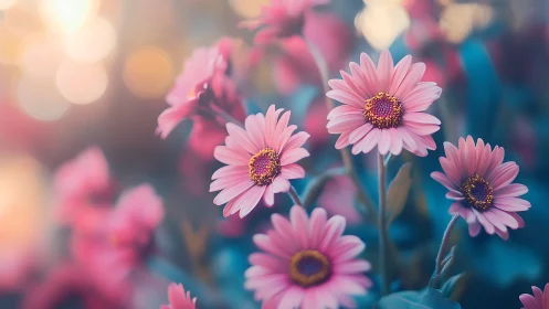 Radiant pink daisies bloom with golden warmth and soft bokeh light