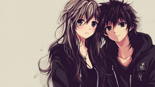 Somber anime couple share quiet bond in dark hoodies.