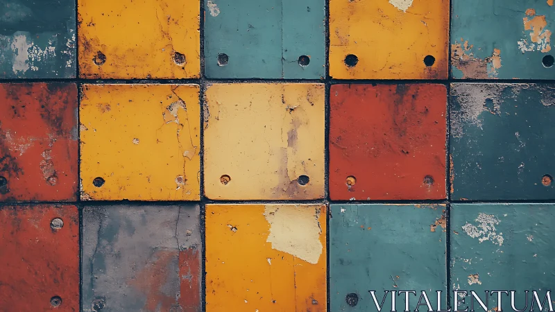 Weathered metal panels form a gridded industrial color study