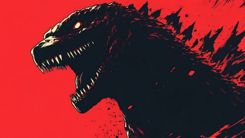 Roaring giant monster silhouette against bold red sky.