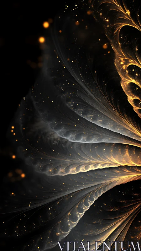 Fractal feather plumes with golden bioluminescent particle stream