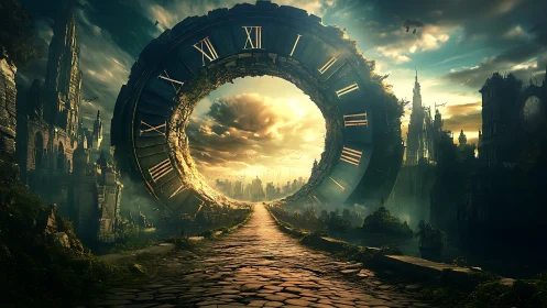 Gigantic decayed clock gate frames luminous post-apocalyptic city