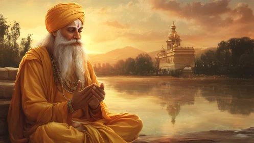 Elderly sage prays by golden riverside temple at sunset