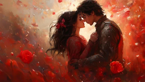 Romantic Pair Embracing Amid Crimson Rose Field Composition.