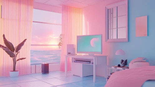 Sunlit pastel workspace overlooking calm ocean horizon.