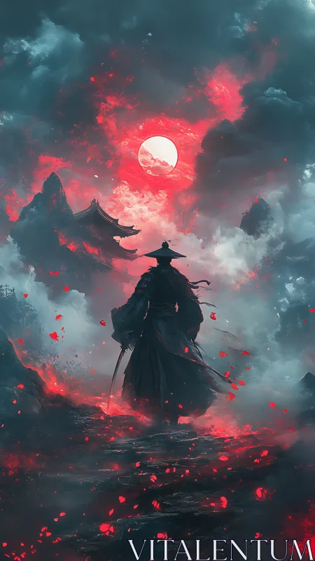 Scarlet Moon Ronin crossing stormlit embers of the sky.