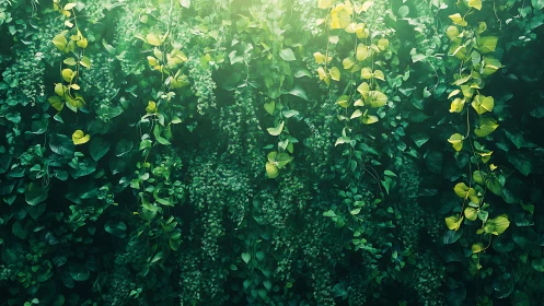 Sunlit green wall of cascading vines and gentle foliage.