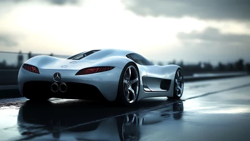 Sleek silver Mercedes supercar on wet open highway at dusk.
