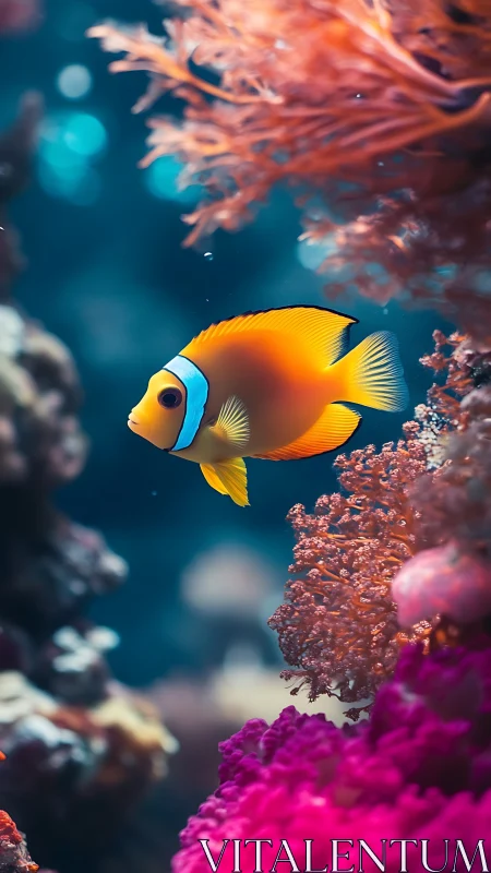 Vibrant clownfish navigates coral reef in shallow marine light