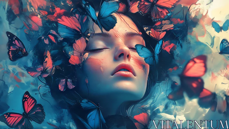 Butterfly-saturated female portrait uses soft-focus bokeh depth cues